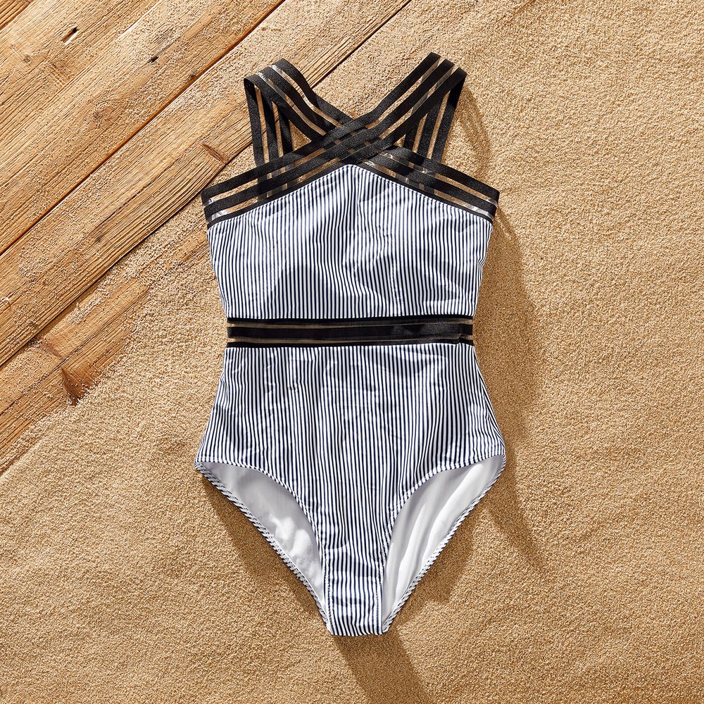Family Matching Pinstriped One-piece Swimsuit and Colorblock Swim Trunks Shorts Blue grey big image 12