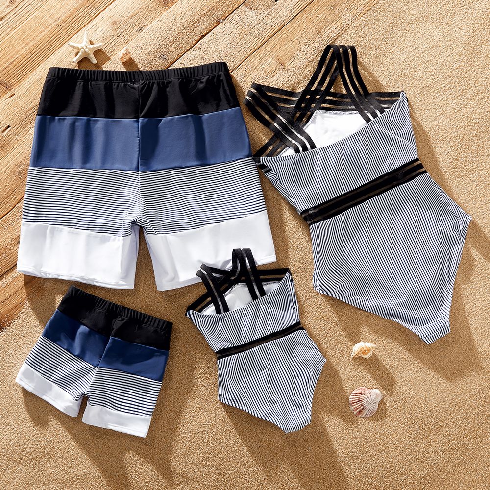 Family Matching Pinstriped One-piece Swimsuit and Colorblock Swim Trunks Shorts Blue grey big image 2