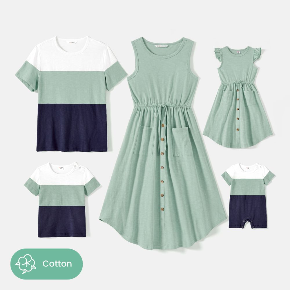 Family Matching Solid Cotton Button Front Drawstring Tank Dresses and Short-sleeve Colorblock T-shirts Sets GrayGreen big image 1