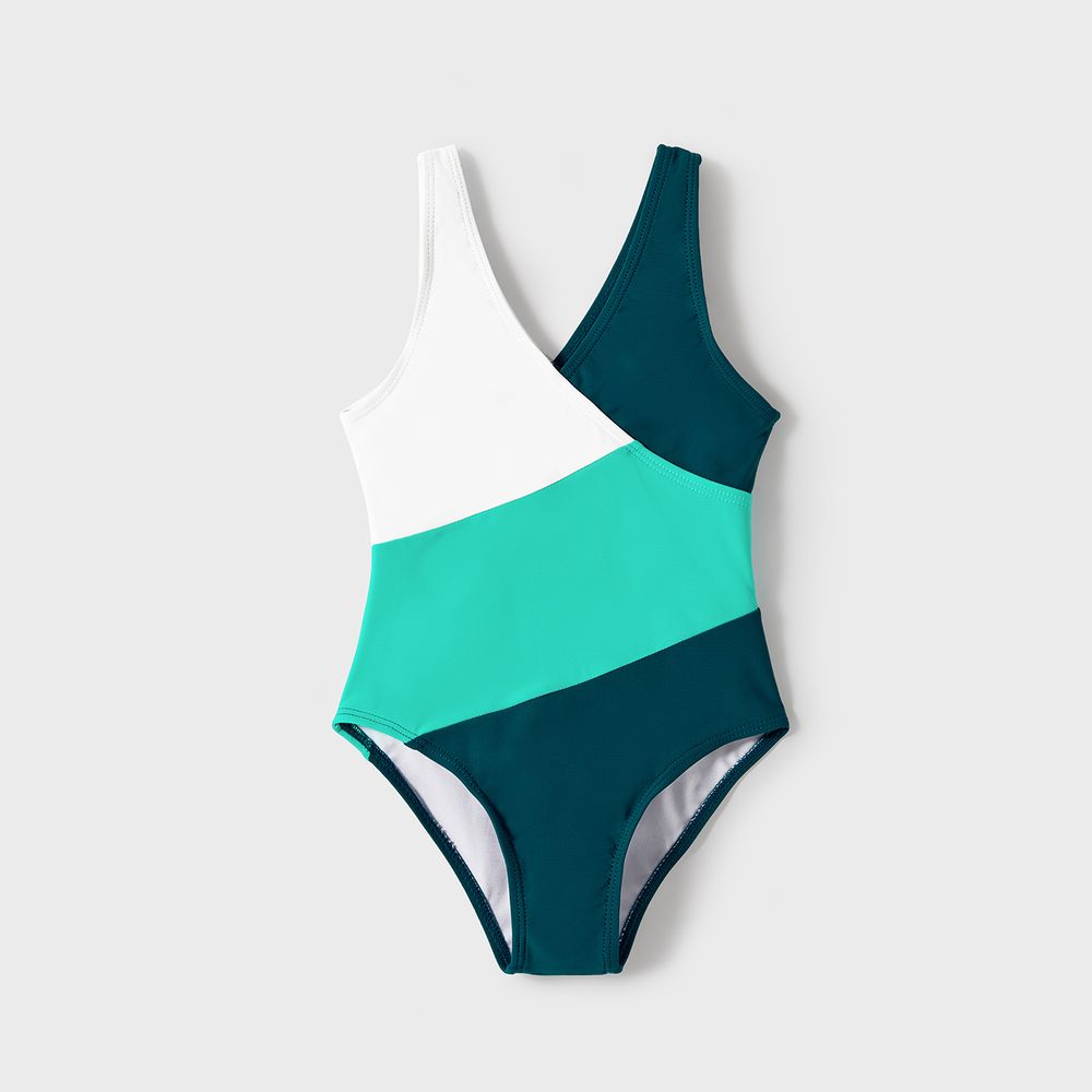 Family Matching Colorblock One-piece Swimsuit or Swim Trunks Shorts Peacockbluewhite big image 7