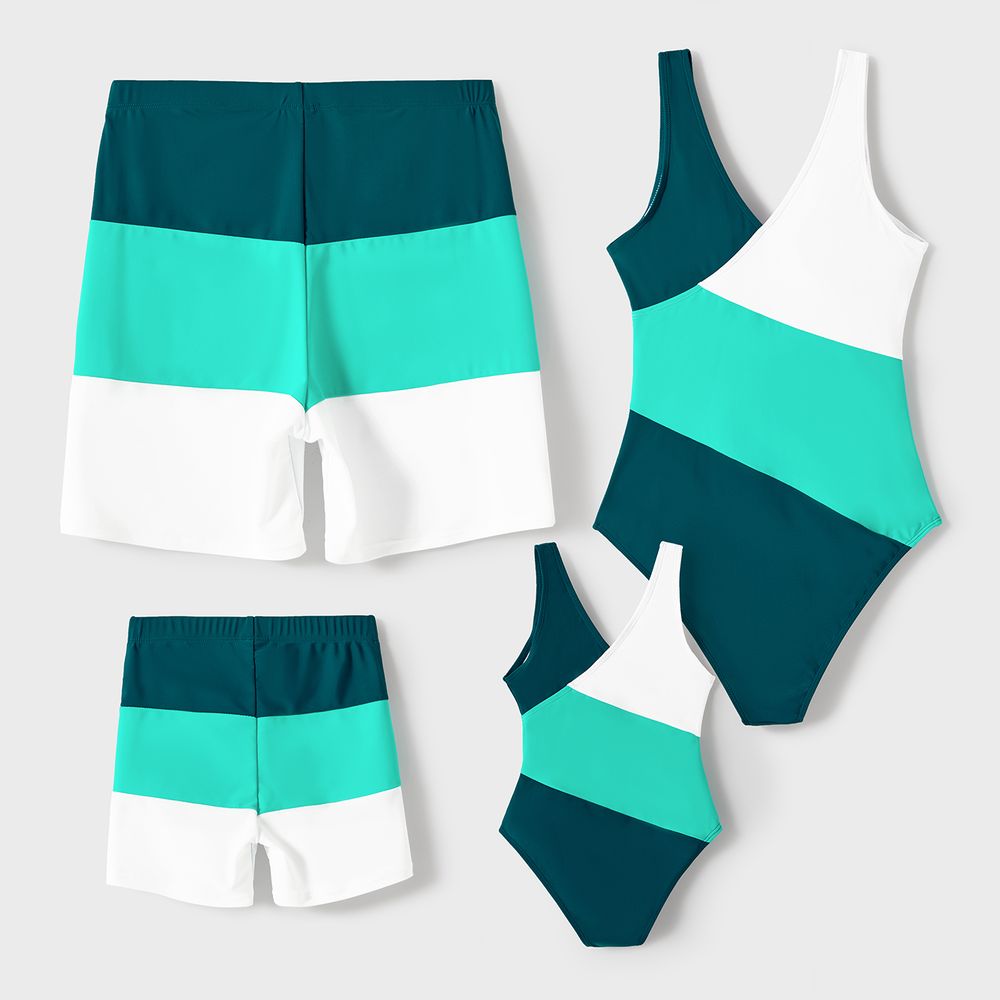 Family Matching Colorblock One-piece Swimsuit or Swim Trunks Shorts Peacockbluewhite big image 2