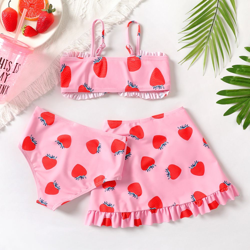 3pcs Kid Girl Strawberry Print Knot Front Swimsuit Set Pink big image 2