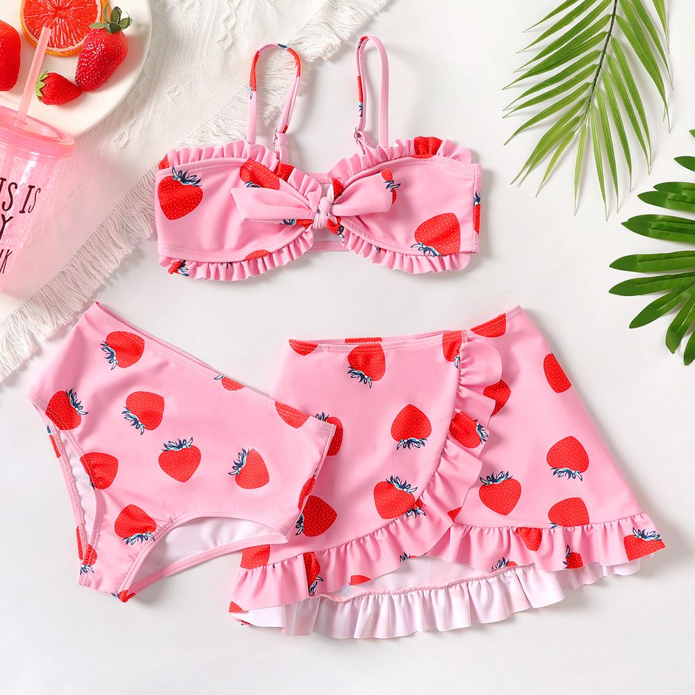3pcs Kid Girl Strawberry Print Knot Front Swimsuit Set Pink big image 1