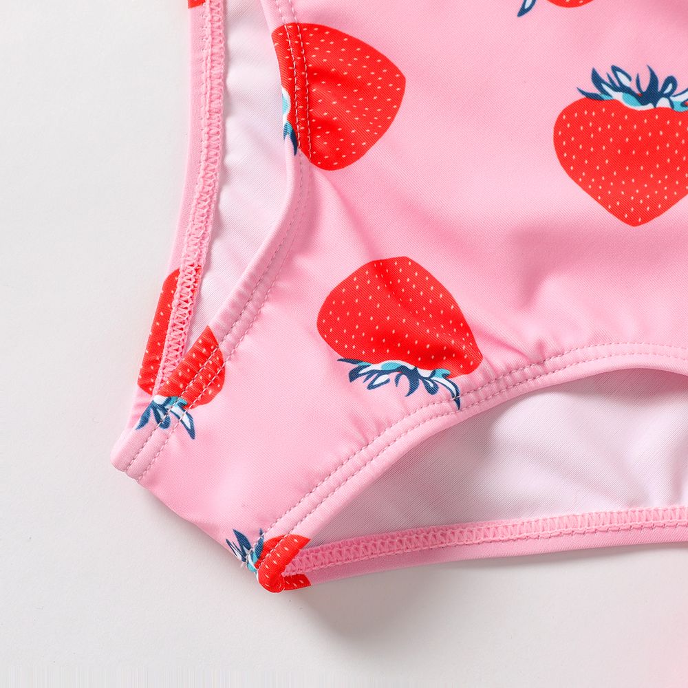 3pcs Kid Girl Strawberry Print Knot Front Swimsuit Set Pink big image 5
