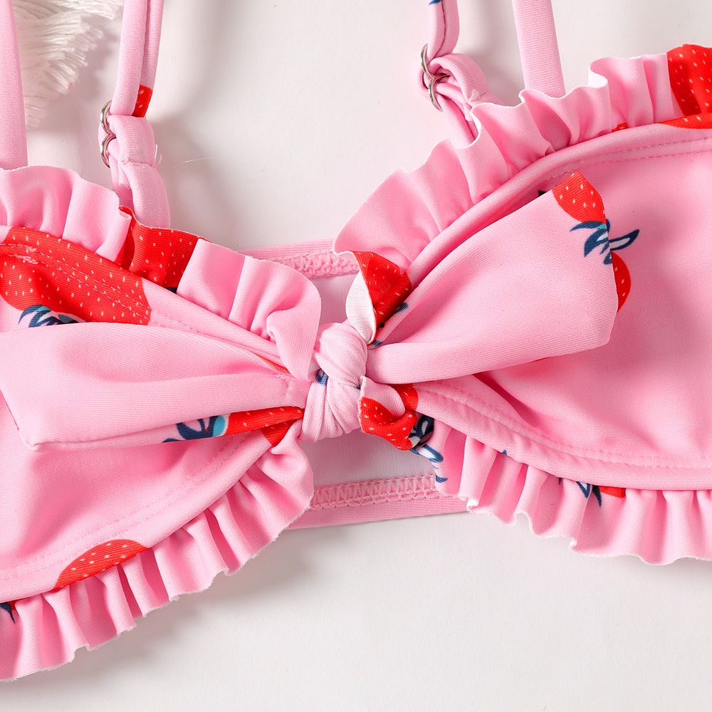 3pcs Kid Girl Strawberry Print Knot Front Swimsuit Set Pink big image 3