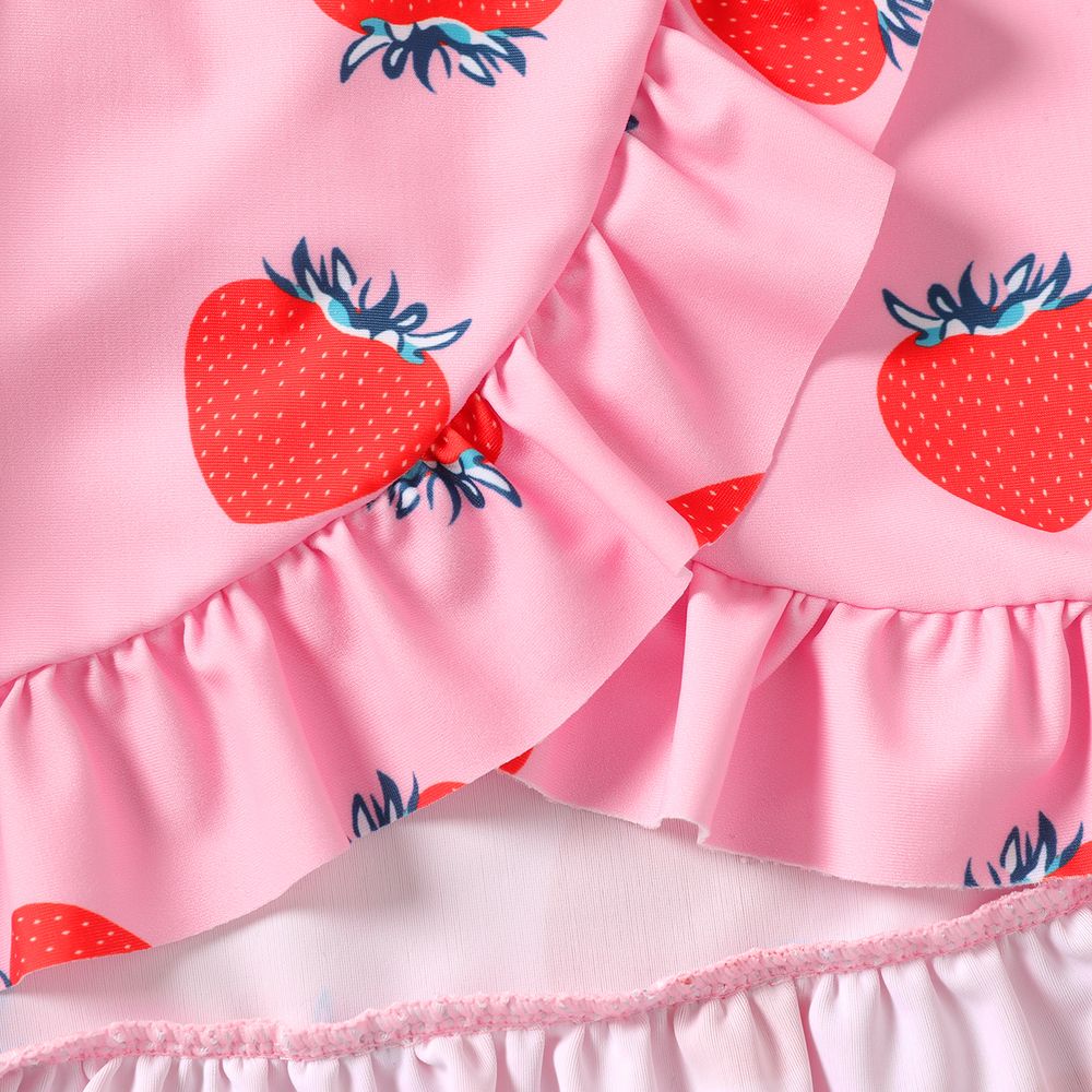 3pcs Kid Girl Strawberry Print Knot Front Swimsuit Set Pink big image 4