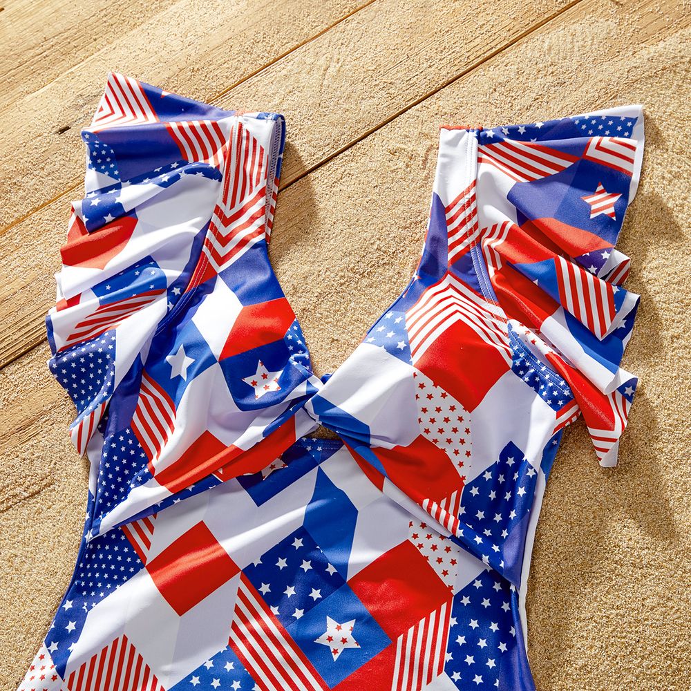 Independence Day Family Matching Allover Geo Print Twist Knot Cut Out Ruffle-sleeve One-piece Swimsuit or Swim Trunks Shorts Colorful big image 4