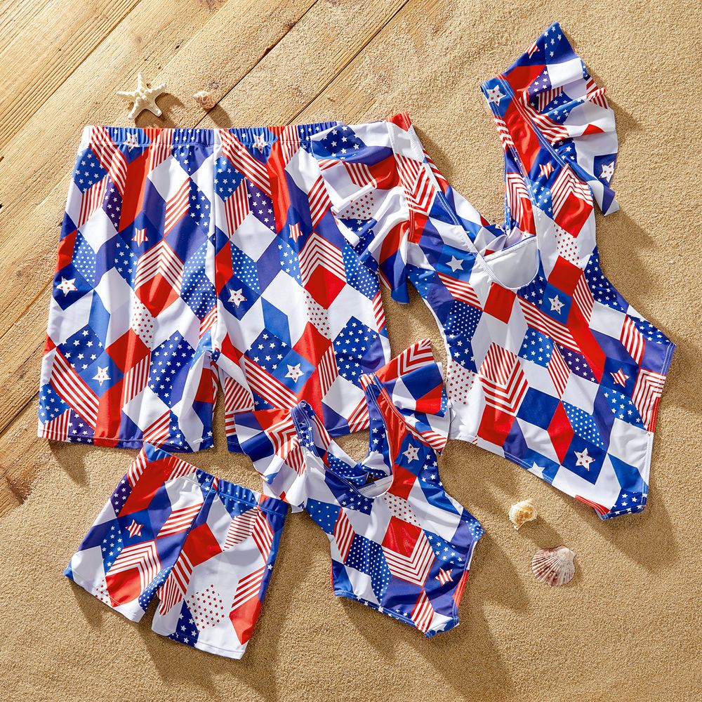 Independence Day Family Matching Allover Geo Print Twist Knot Cut Out Ruffle-sleeve One-piece Swimsuit or Swim Trunks Shorts Colorful big image 2