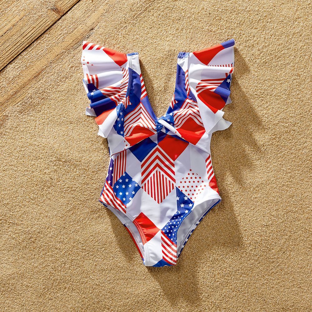 Independence Day Family Matching Allover Geo Print Twist Knot Cut Out Ruffle-sleeve One-piece Swimsuit or Swim Trunks Shorts Colorful big image 7