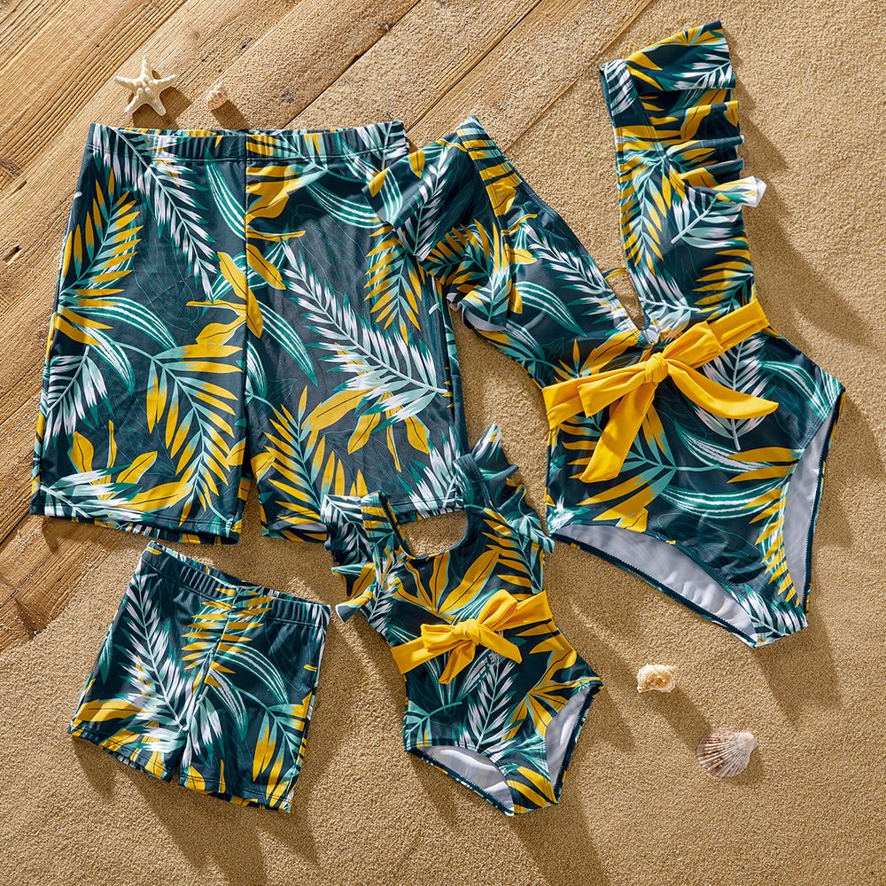 Family Matching Allover Plant Print Flutter-sleeve Deep V Neck Belted One-piece Swimsuit or Swim Trunks Shorts Green big image 1