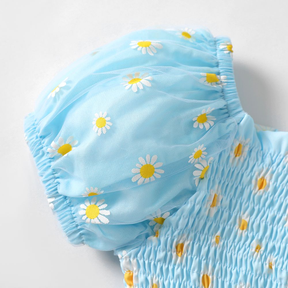 Kid Girl Daisy Print Short-sleeve Smocked Tee Blue big image 3