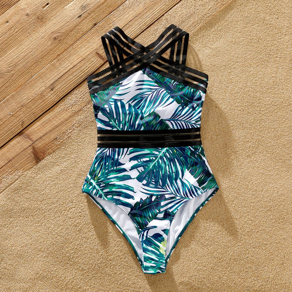 Family Matching Allover Palm Leaf Print Crisscross One-piece Swimsuit and Swim Trunks Green big image 12