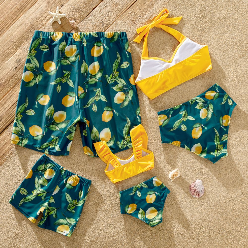 Family Matching Allover Lemon Print and Solid Halter Neck Two-piece Swimsuit or Swim Trunks Shorts Multi-color big image 2
