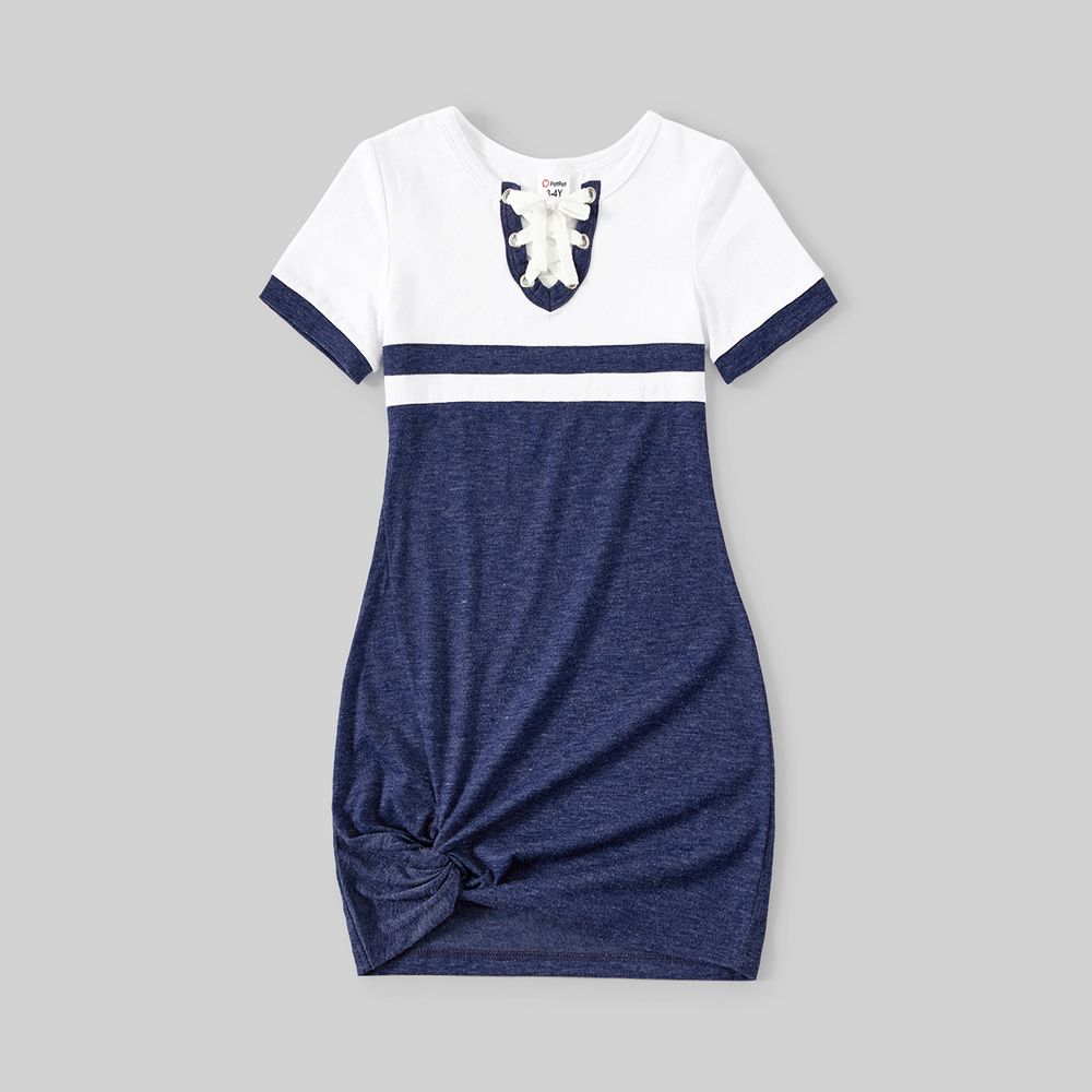 Family Matching Colorblock Lace-up V Neck Short-sleeve Twisk Knot Bodycon Dresses and T-shirts Sets royalblue big image 10