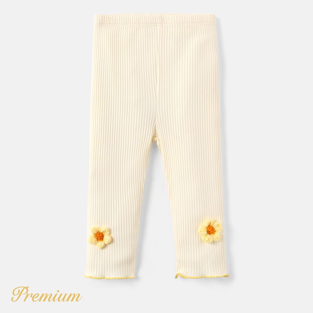 Baby Girl Knit Flower Detail Solid Cotton Ribbed Leggings Creamcolored big image 1