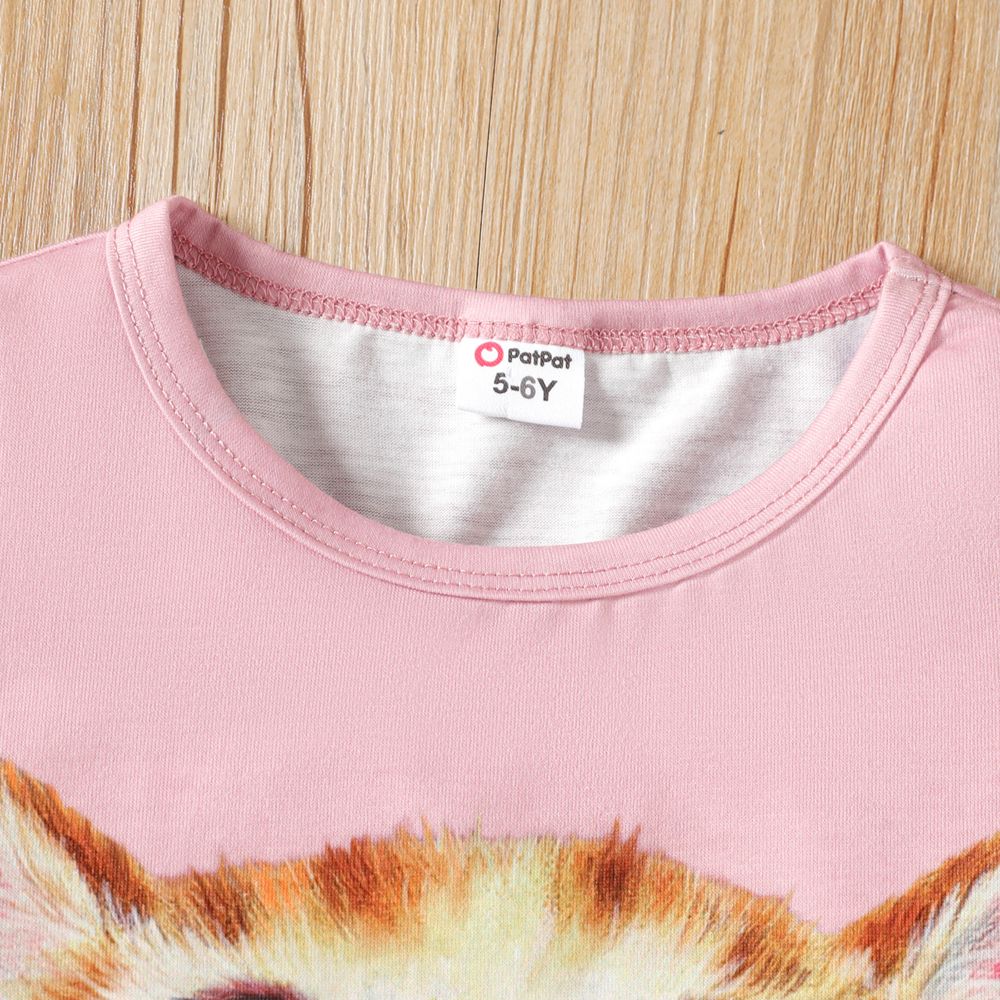 Kid Girl Cute Cat Print Short-sleeve Top Pink big image 6