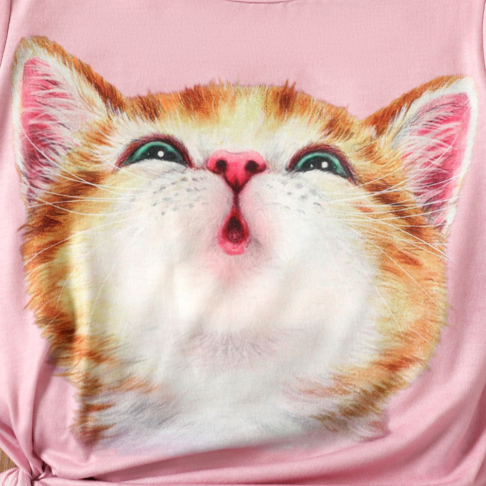 Kid Girl Cute Cat Print Short-sleeve Top Pink big image 4