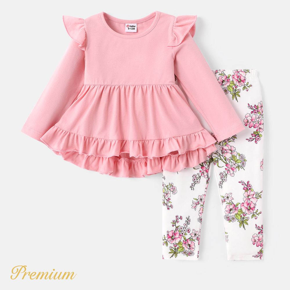 2pcs Baby Girl Cotton Ruffled Long-sleeve Tee and Floral Print Naia™ Leggings Set Pink big image 1