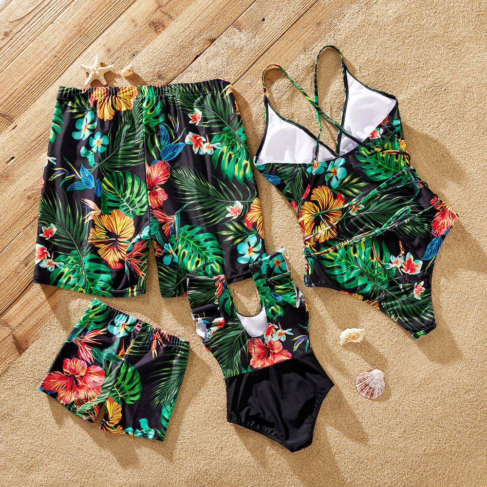 Family Matching Allover Plant Print Lace Up One-piece Swimsuit or Swim Trunks Shorts Colorful big image 2