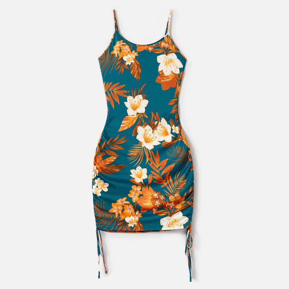 Family Matching Allover Floral Print Drawstring Ruched Bodycon Cami Dresses and Short-sleeve Spliced T-shirts Sets Green big image 13