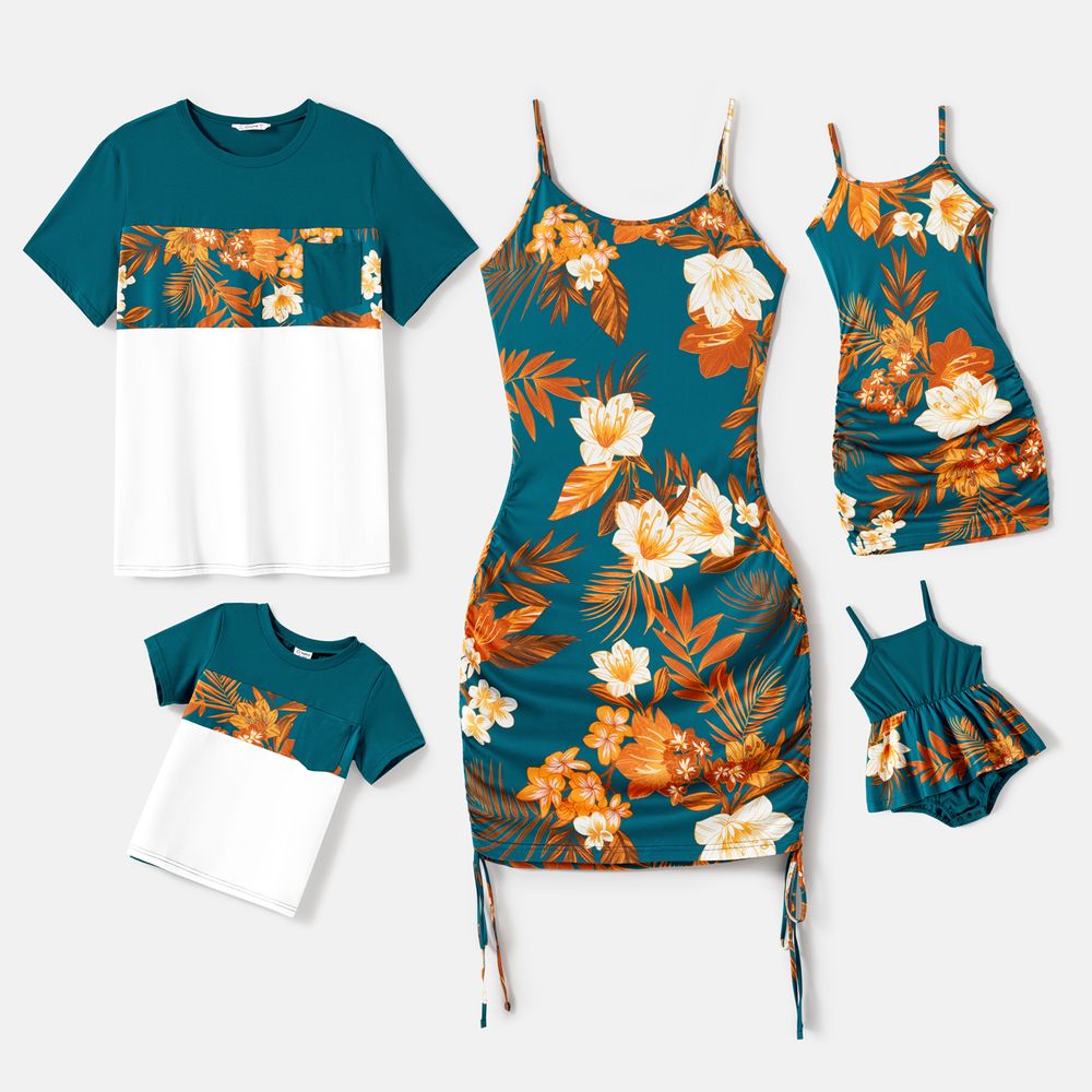 Family Matching Allover Floral Print Drawstring Ruched Bodycon Cami Dresses and Short-sleeve Spliced T-shirts Sets Green big image 1