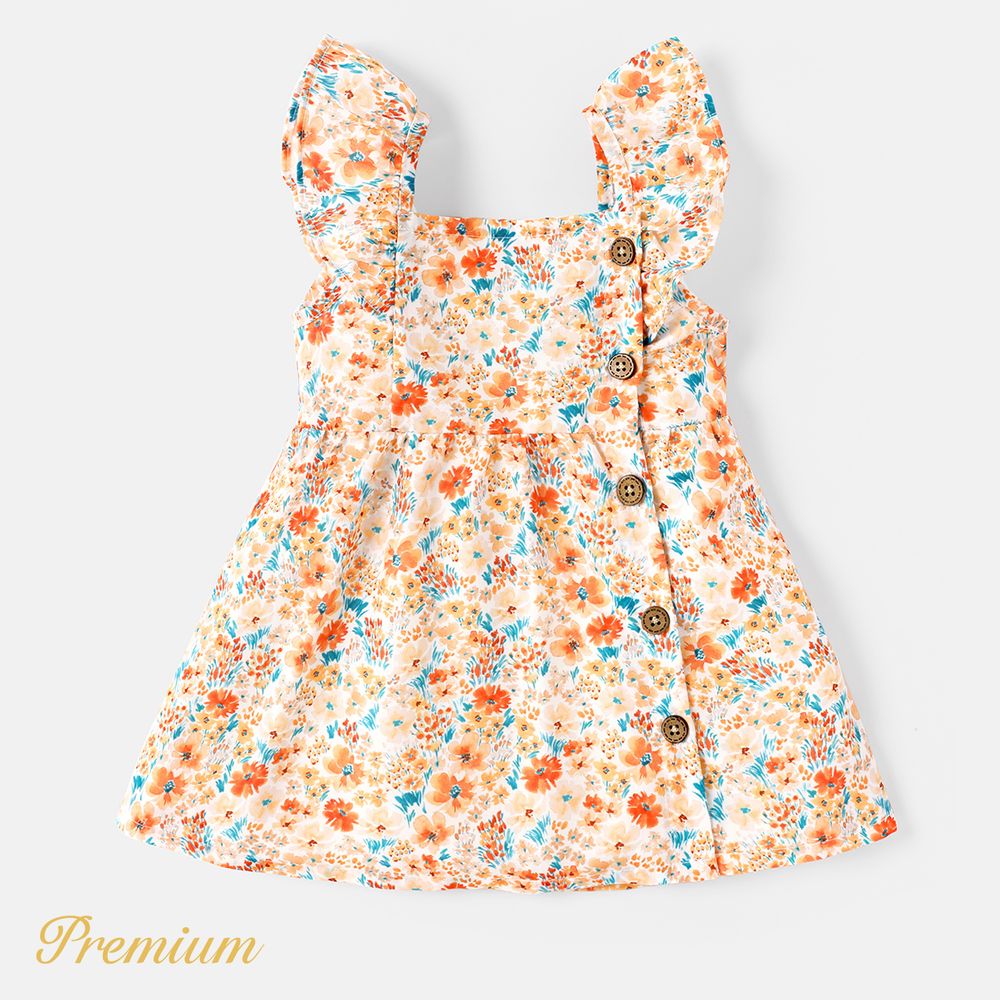 Baby Girl 100% Cotton Solid or Striped/Floral-print Flutter-sleeve Button Front Dress Colorful big image 1