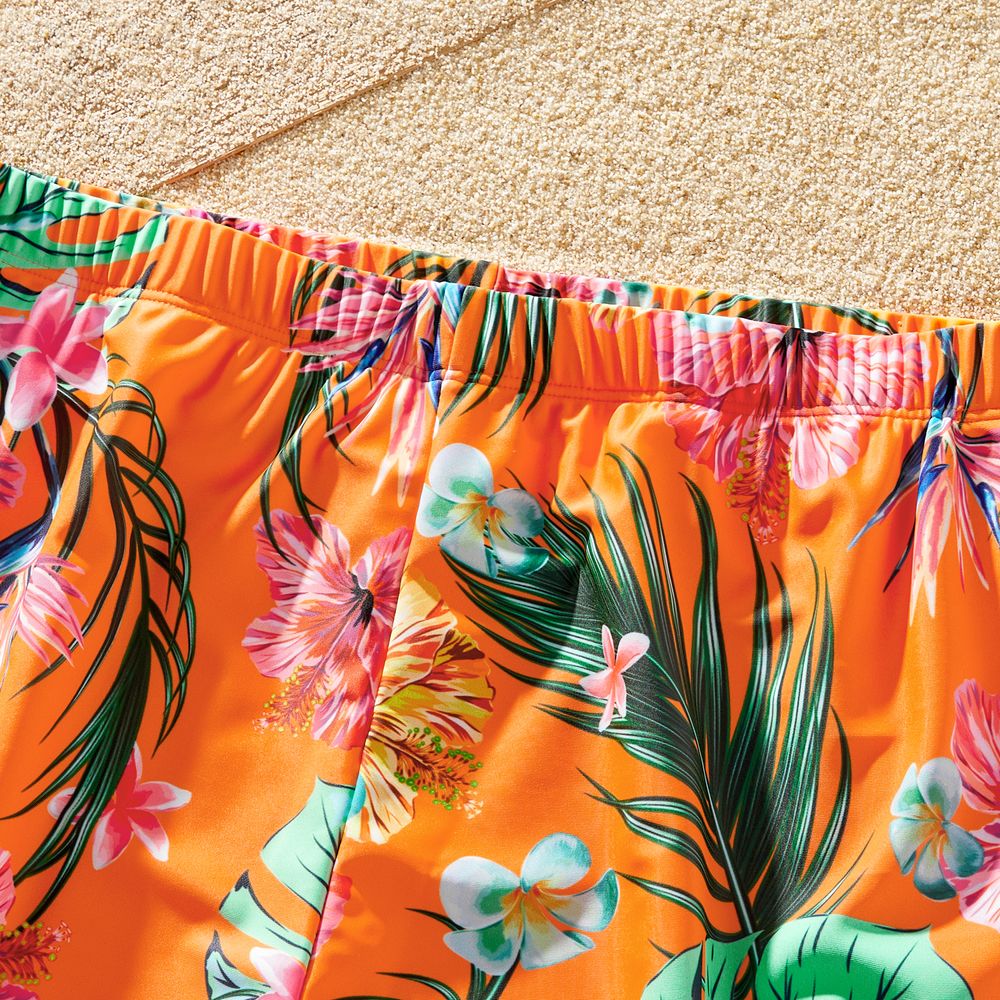 Family Matching Floral Print Orange One-piece Swimsuit and Swim Trunks Orange color big image 16