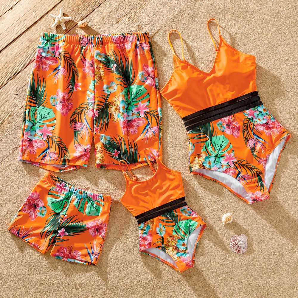 Family Matching Floral Print Orange One-piece Swimsuit and Swim Trunks Orange color big image 1