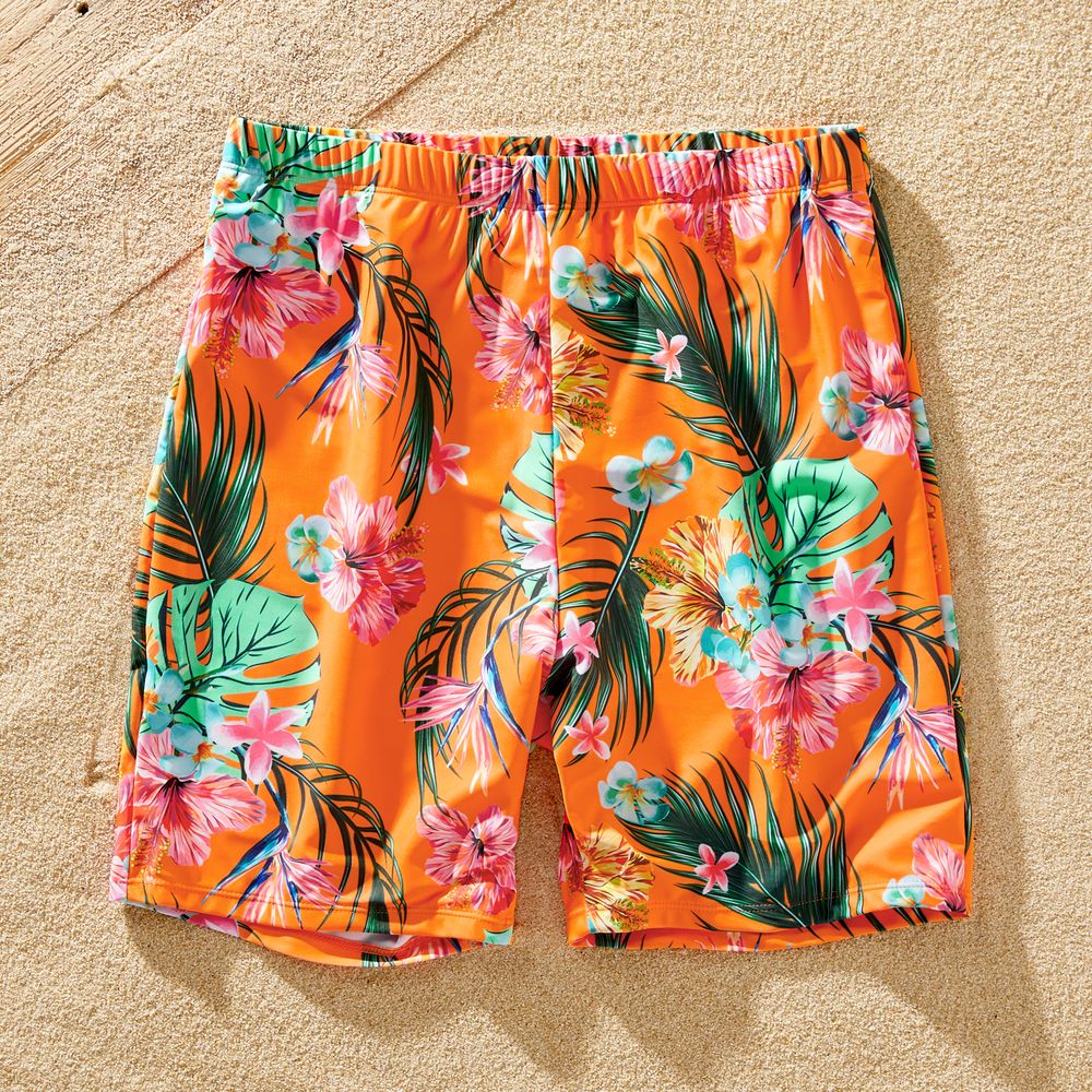 Family Matching Floral Print Orange One-piece Swimsuit and Swim Trunks Orange color big image 14