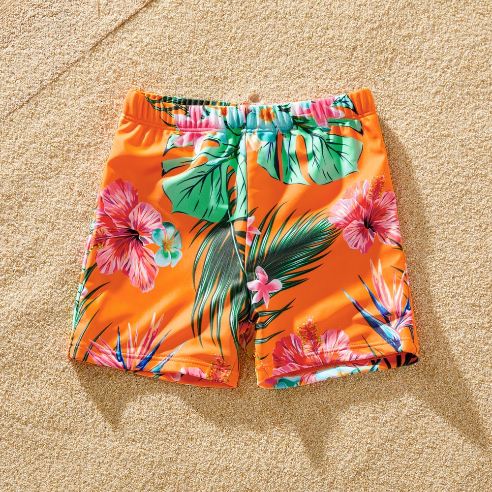 Family Matching Floral Print Orange One-piece Swimsuit and Swim Trunks Orange color big image 2