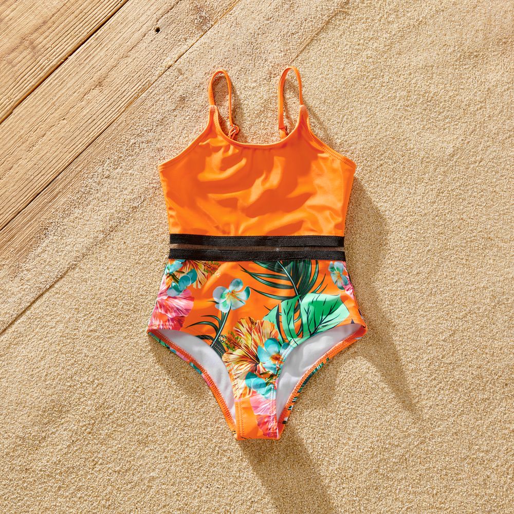 Family Matching Floral Print Orange One-piece Swimsuit and Swim Trunks Orange color big image 7
