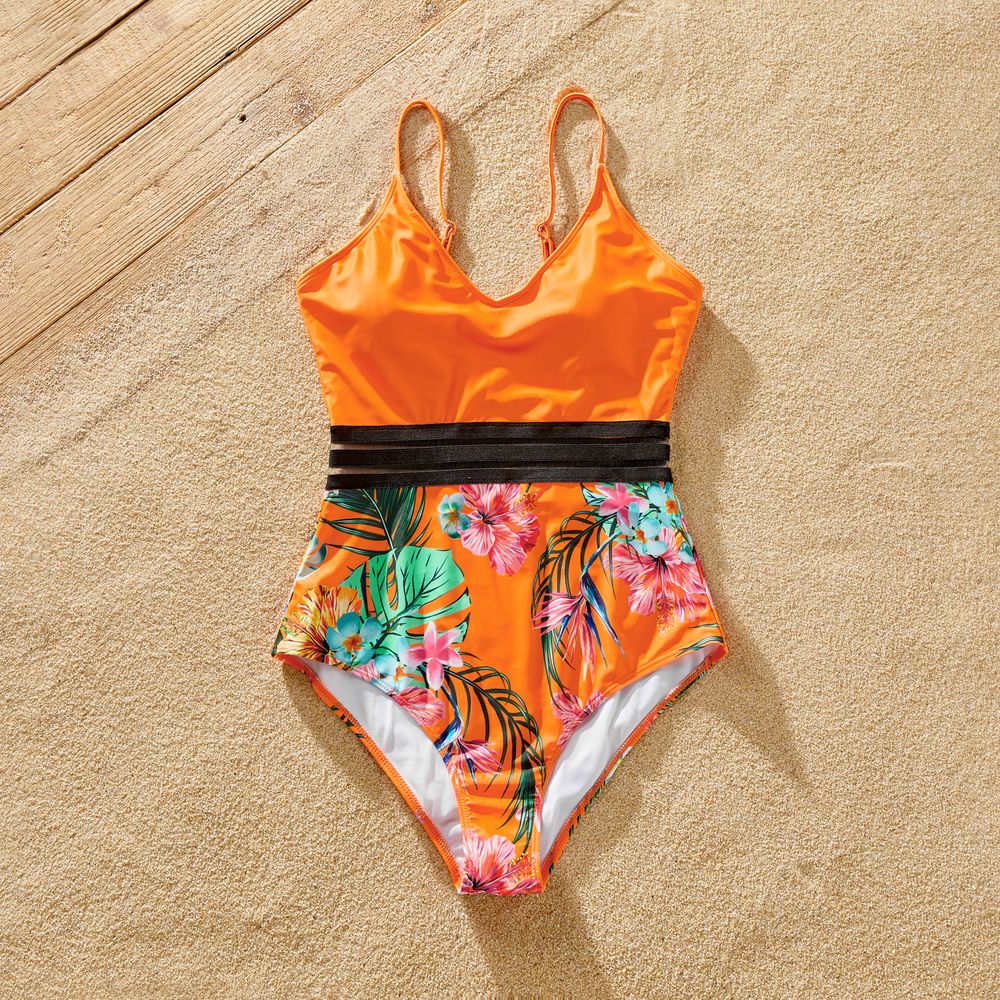 Family Matching Floral Print Orange One-piece Swimsuit and Swim Trunks Orange color big image 11
