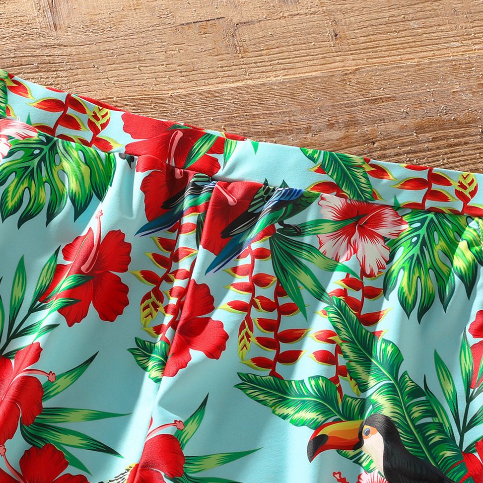 Family Matching Allover Tropical Plant Print Spliced One-piece Swimsuit and Swim Trunks Red big image 11