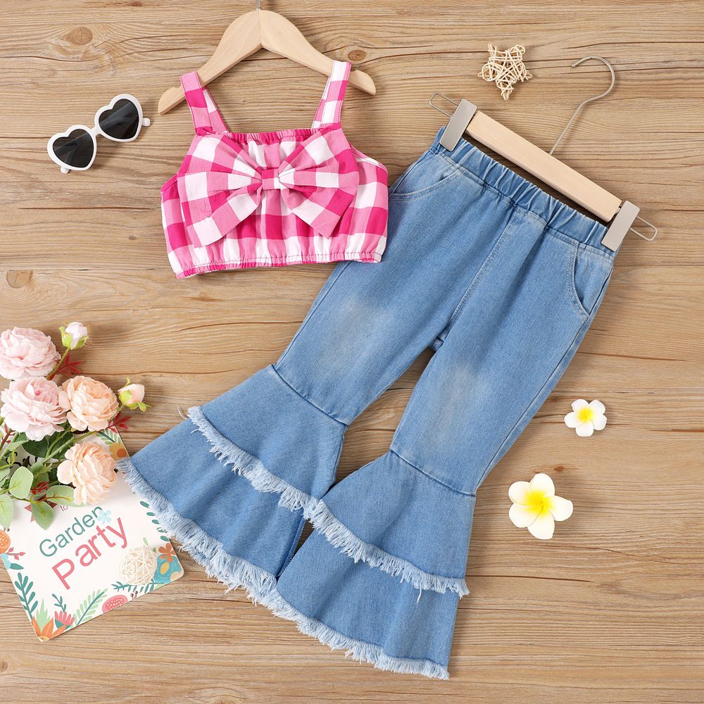 2pcs Toddler Girl Plaid Bow Front Crop Camisole and Raw Trim Flare Leg Jeans Set Roseo big image 1
