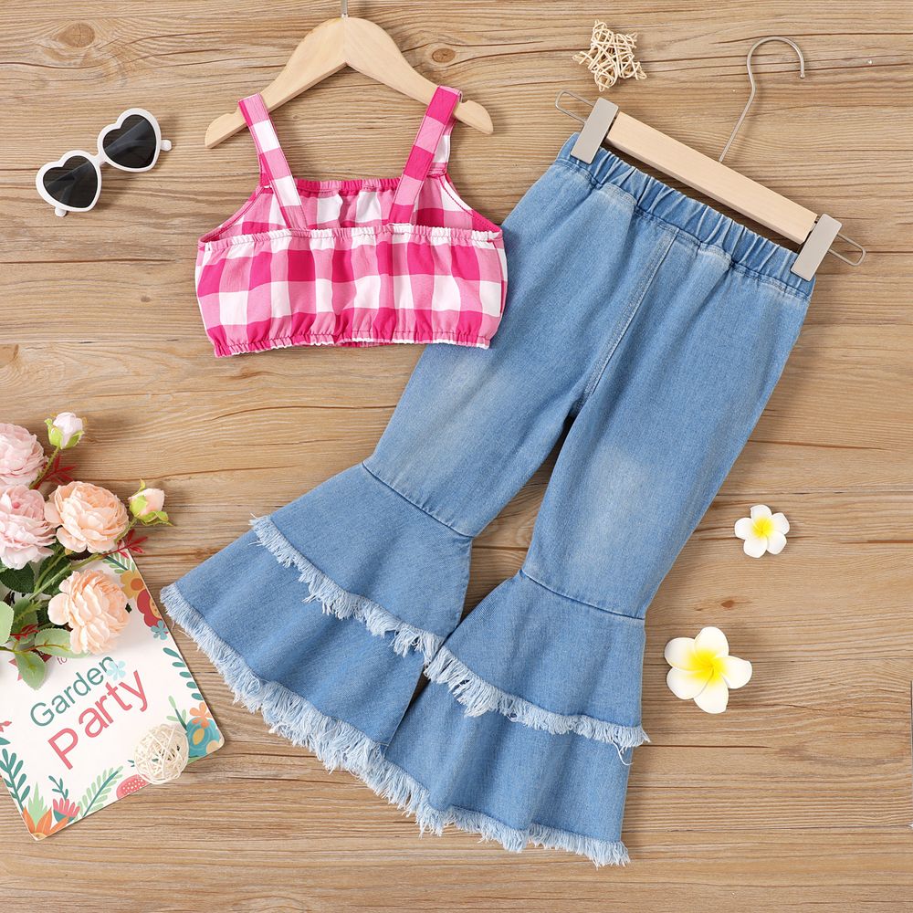 2pcs Toddler Girl Plaid Bow Front Crop Camisole and Raw Trim Flare Leg Jeans Set Roseo big image 2