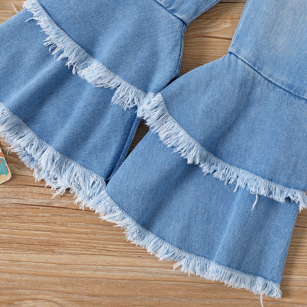 2pcs Toddler Girl Plaid Bow Front Crop Camisole and Raw Trim Flare Leg Jeans Set Roseo big image 5