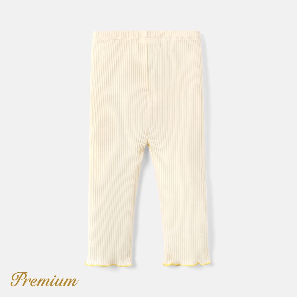 Baby Girl Knit Flower Detail Solid Cotton Ribbed Leggings Creamcolored big image 2