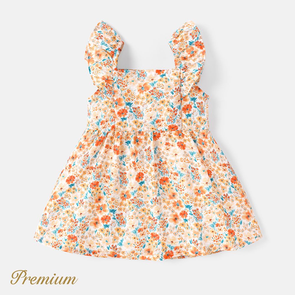 Baby Girl 100% Cotton Solid or Striped/Floral-print Flutter-sleeve Button Front Dress Colorful big image 3