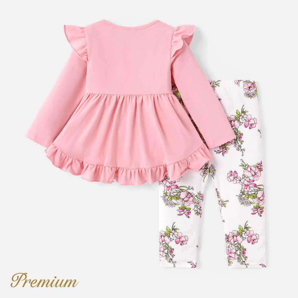 2pcs Baby Girl Cotton Ruffled Long-sleeve Tee and Floral Print Naia™ Leggings Set Pink big image 2