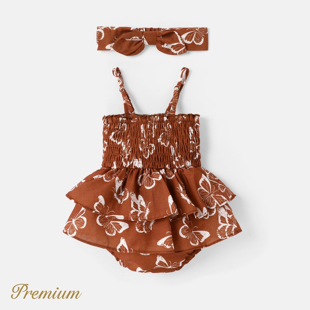 2pcs Baby Girl Allover Butterfly Print Layered Ruffle Trim Shirred Cami Romper & Headband Set Brown big image 3