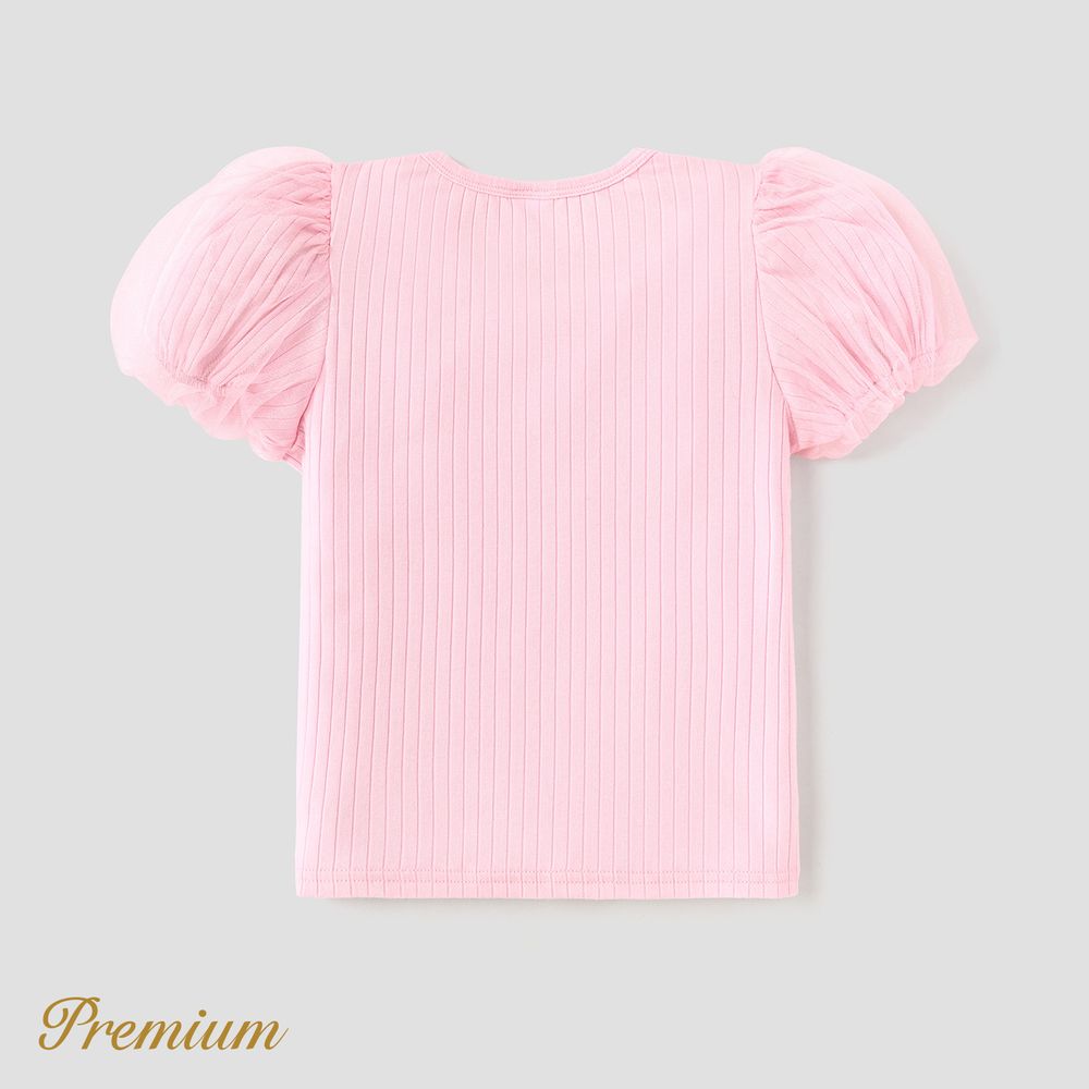 Kid Girl Cotton Ribbed Appliques Detail Mesh Puff-sleeve Tee Pink big image 2
