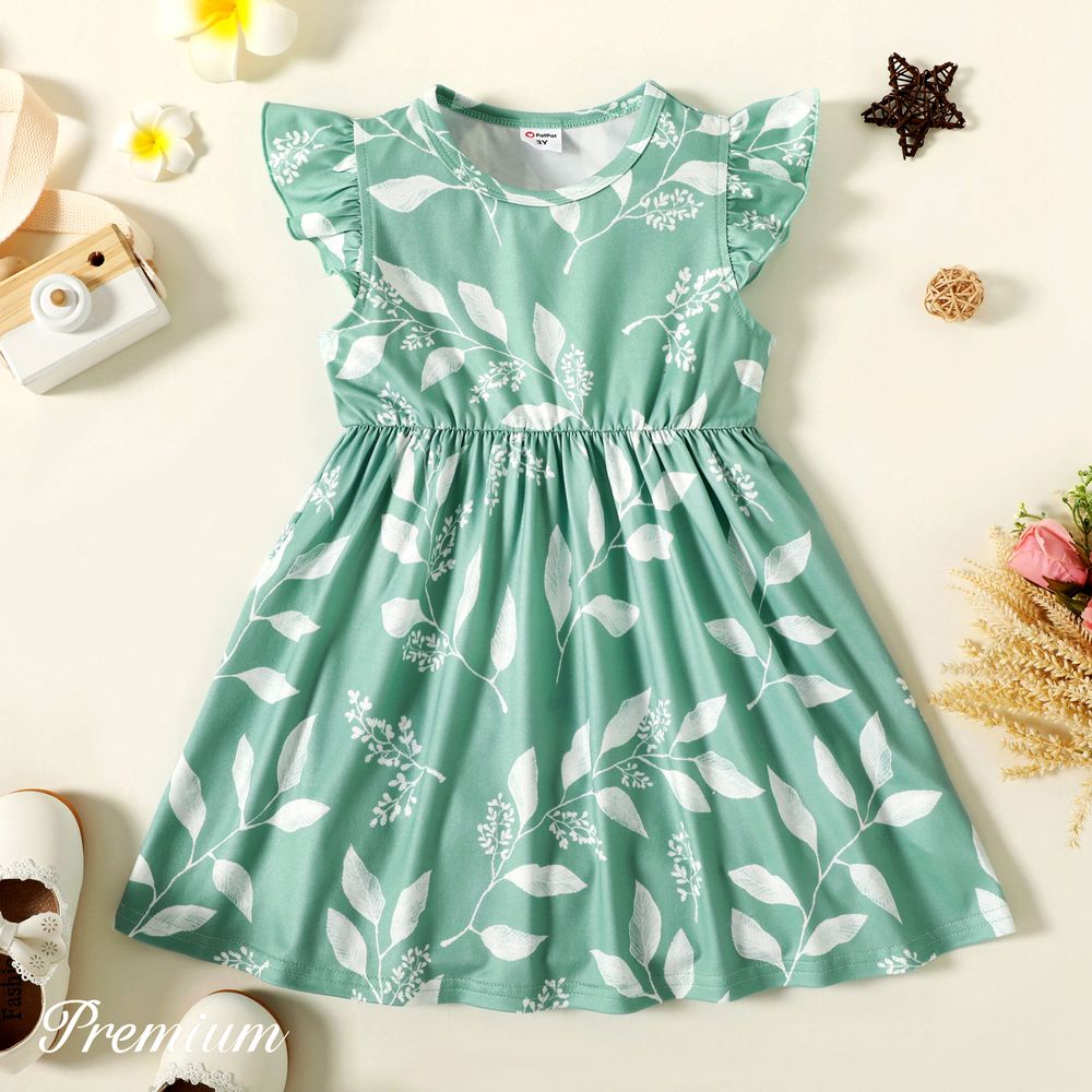 Baby Girl Allover Leaf Print Flutter-sleeve Naia™ Dress Light Green big image 1