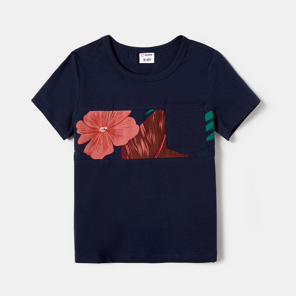 Family Matching Plant Floral Print Slip Dresses and Short-sleeve T-shirts Sets Deep Blue big image 5