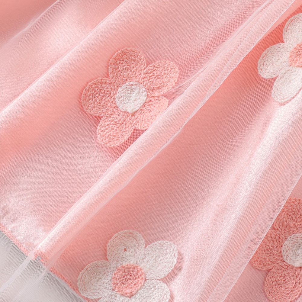 Kid Girl Floral Embroidered Short-sleeve Belted Mesh Dress Pink big image 6