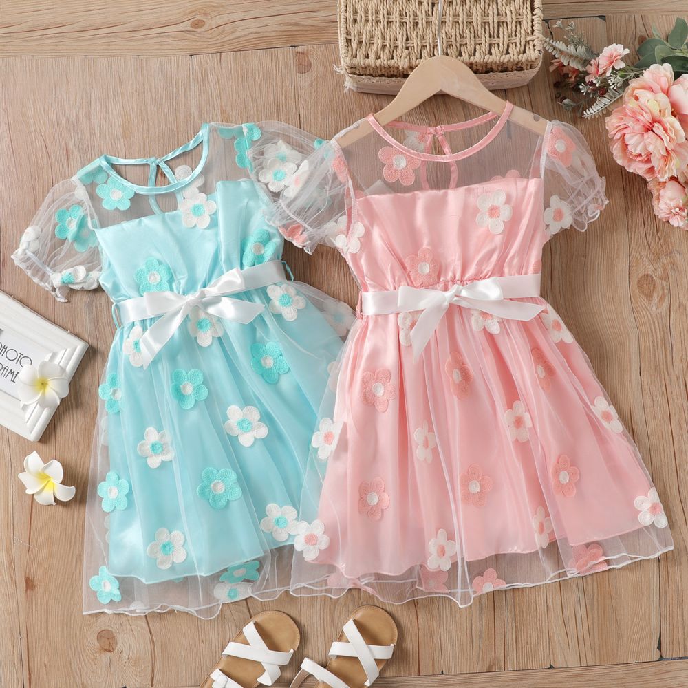 Kid Girl Floral Embroidered Short-sleeve Belted Mesh Dress Pink big image 2
