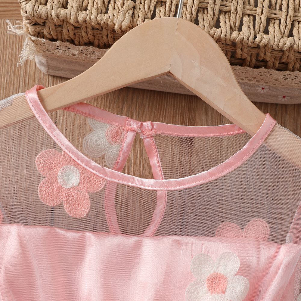 Kid Girl Floral Embroidered Short-sleeve Belted Mesh Dress Pink big image 4