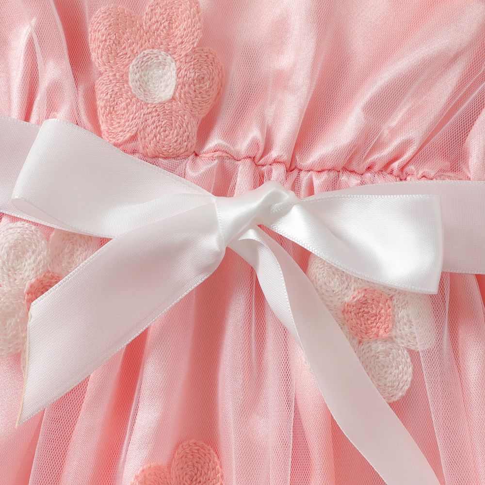 Kid Girl Floral Embroidered Short-sleeve Belted Mesh Dress Pink big image 5
