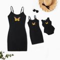 Butterfly Print Cotton Sling Black Tight Dresses for Mommy and Me Black