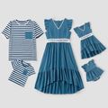 Blue Series Family Matching Sets(Ruffle Shoulder Lace Decor Irregular Hem Mini Dresses for Mommy and Me;Stripe Short Sleeve T-shirts With Pockets for Dad and Me) Blue