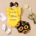 3pcs Letter and Floral Print Sleeveless Baby Set Yellow